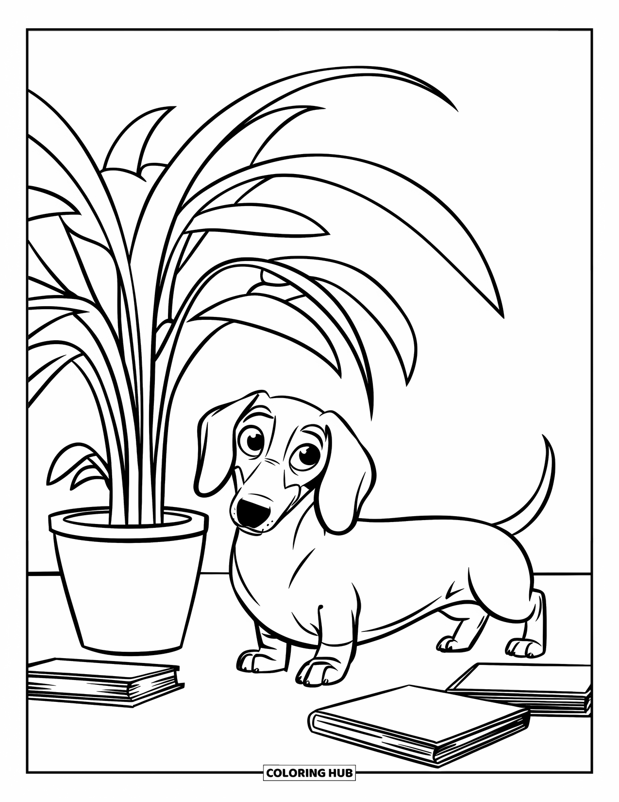 Wiener Dog Coloring Page for Kids: Wiener dog by a potted plant with books scattered around