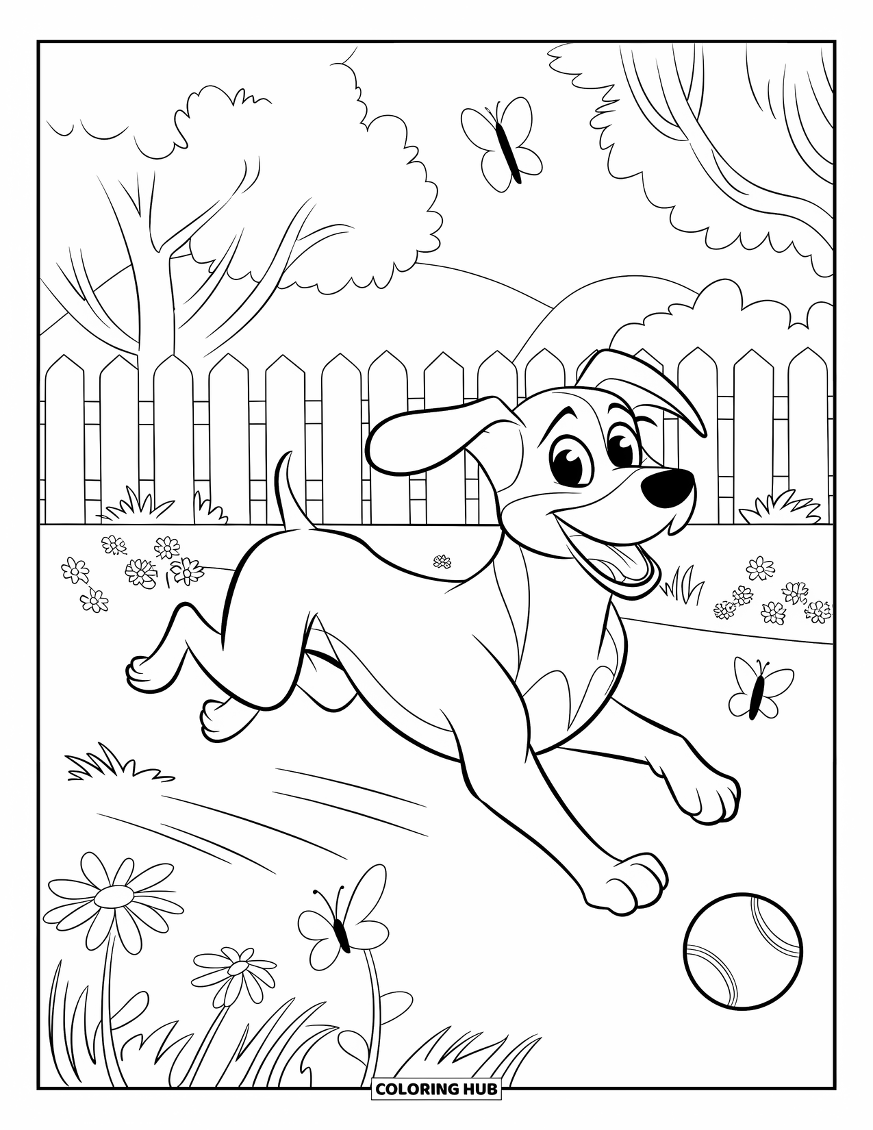 Wiener Dog Coloring Page for Kids: Wiener dog chasing a ball in a butterfly-filled garden