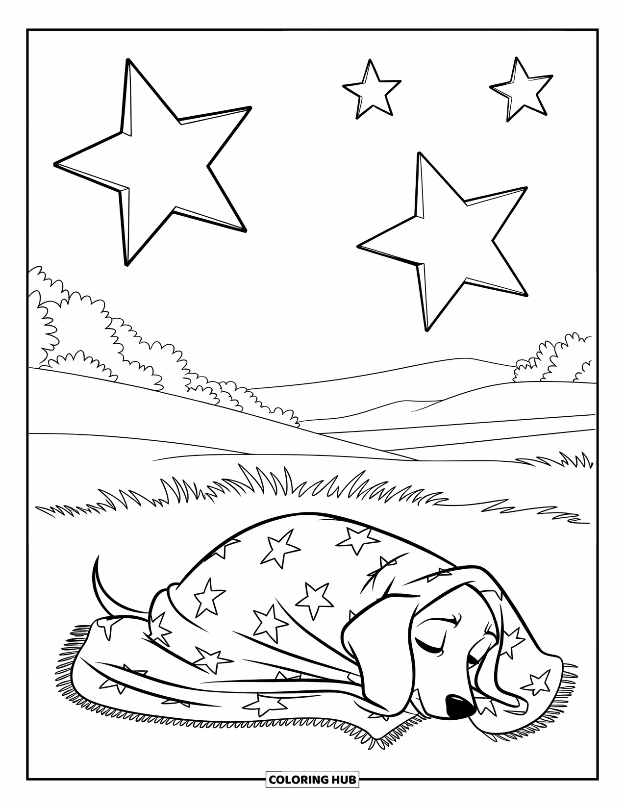 Wiener Dog Coloring Page for Kids: Wiener dog cozily wrapped in a blanket under twinkling stars