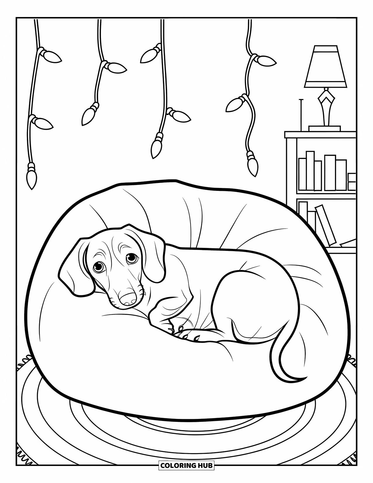 Wiener Dog Coloring Page for Kids: Wiener dog curled up on a bean bag chair with fairy lights above