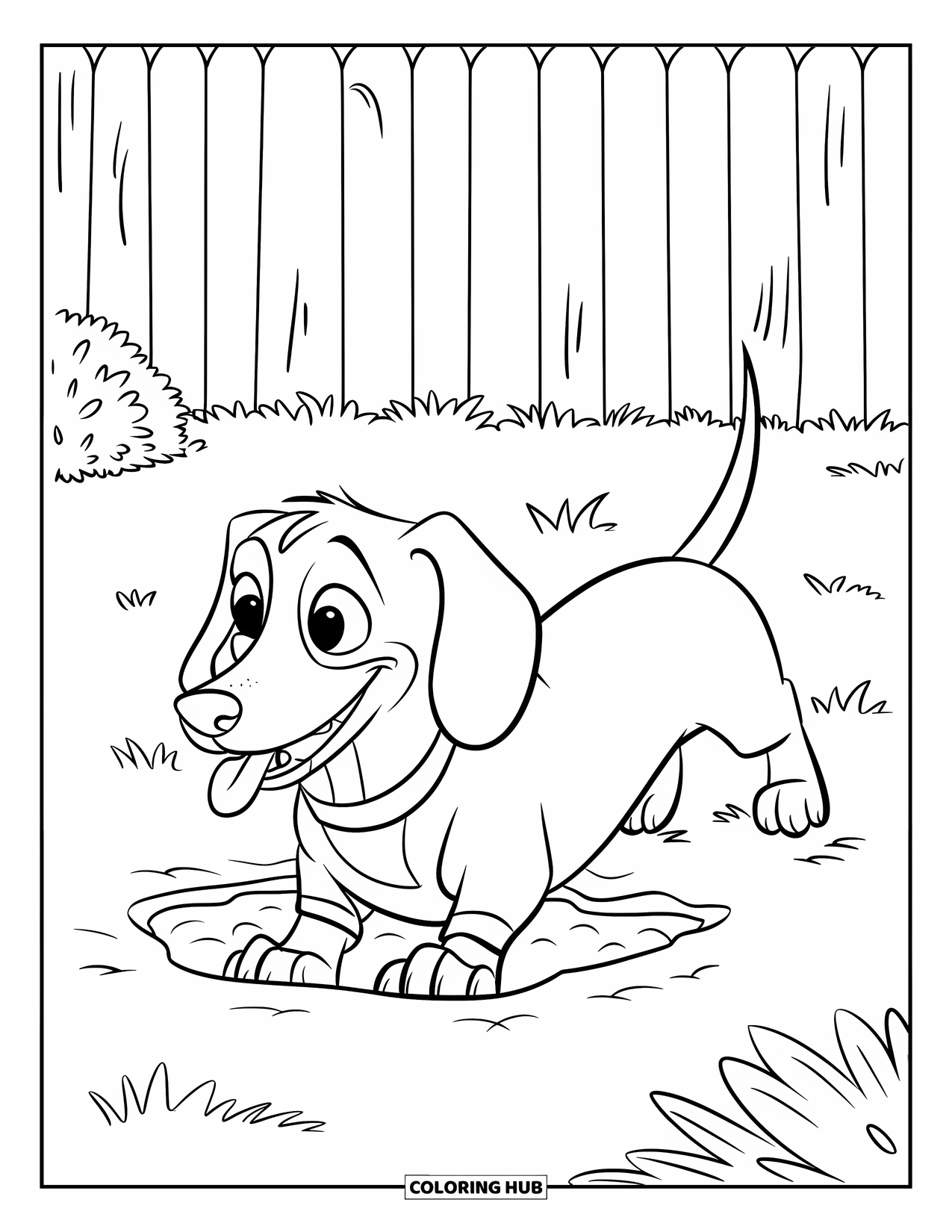 Wiener Dog Coloring Page for Kids: Wiener dog digging a hole in the backyard with a wagging tail