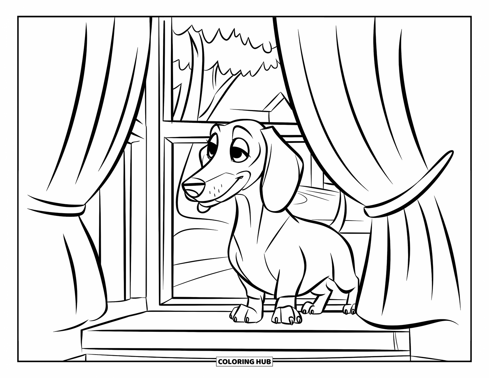 Wiener Dog Coloring Page for Kids: Wiener dog gazing out of a window with swaying curtains