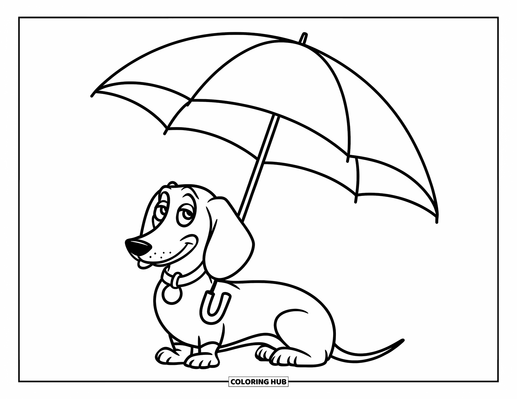 Wiener Dog Coloring Page for Kids: Wiener dog holding an umbrella while sitting calmly