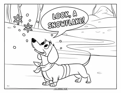 Wiener Dog Coloring Page for Kids: Wiener dog in a scarf gazing happily at falling snow