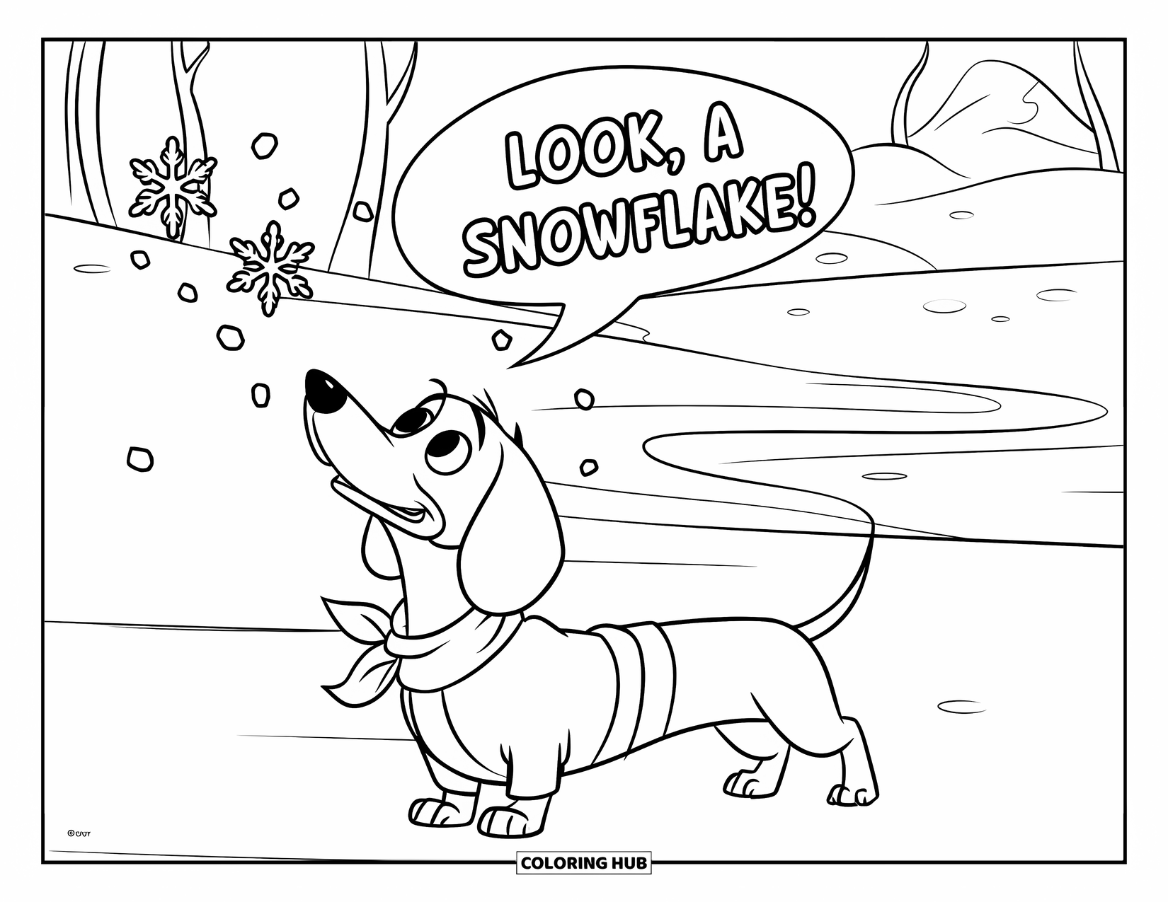 Wiener Dog Coloring Page for Kids: Wiener dog in a scarf gazing happily at falling snow