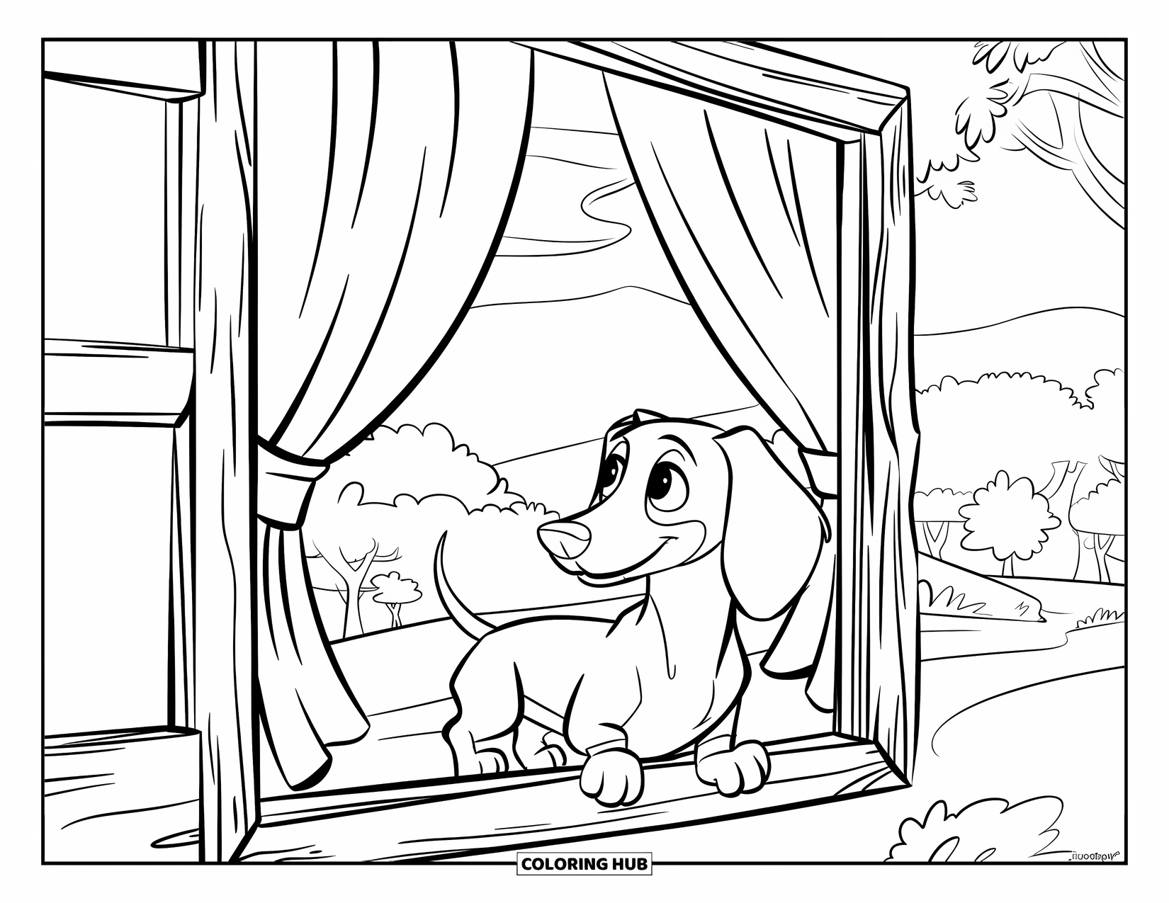 Wiener Dog Coloring Page for Kids: Wiener dog looking out of a rustic window at the hills