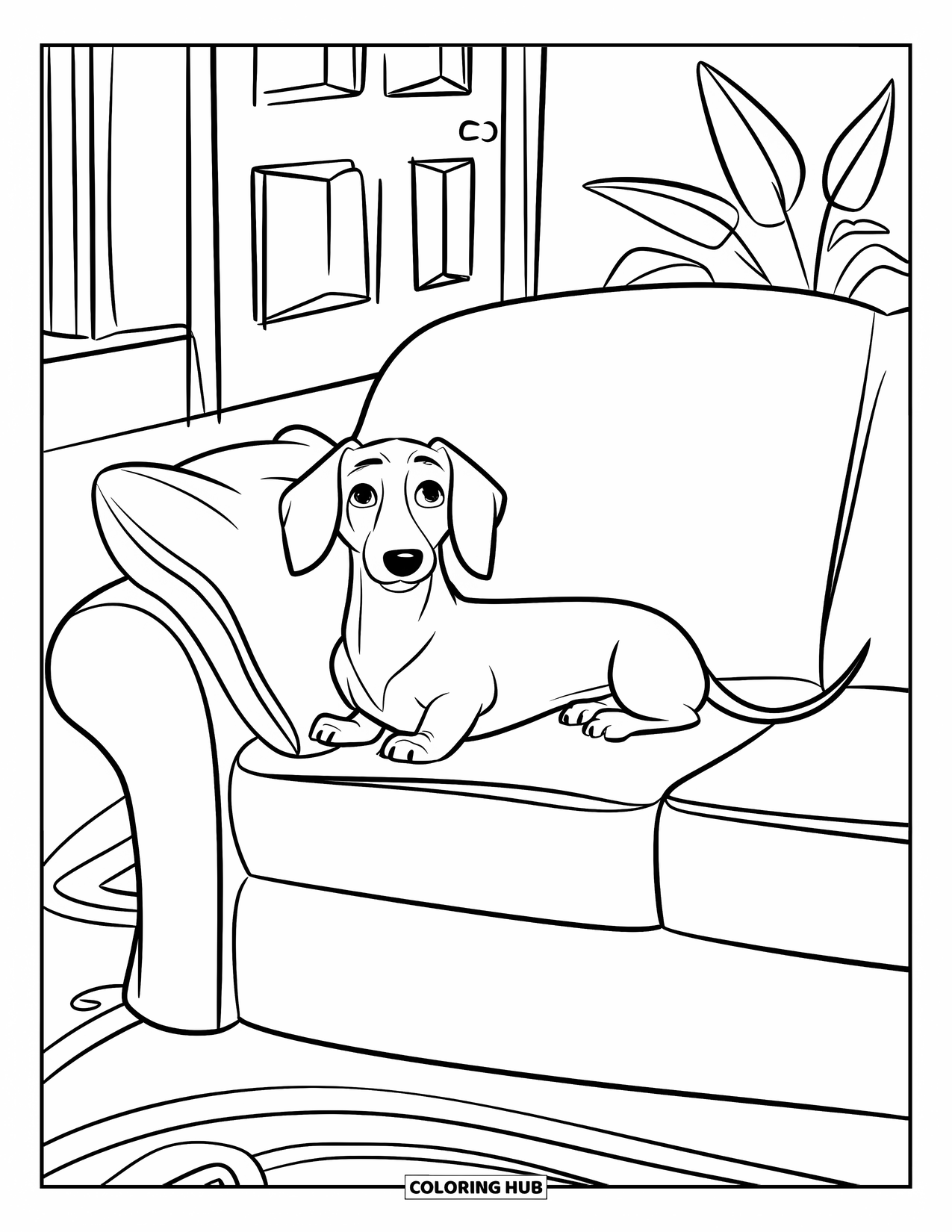 Wiener Dog Coloring Page for Kids: Wiener dog lounging on a couch with a cozy pillow