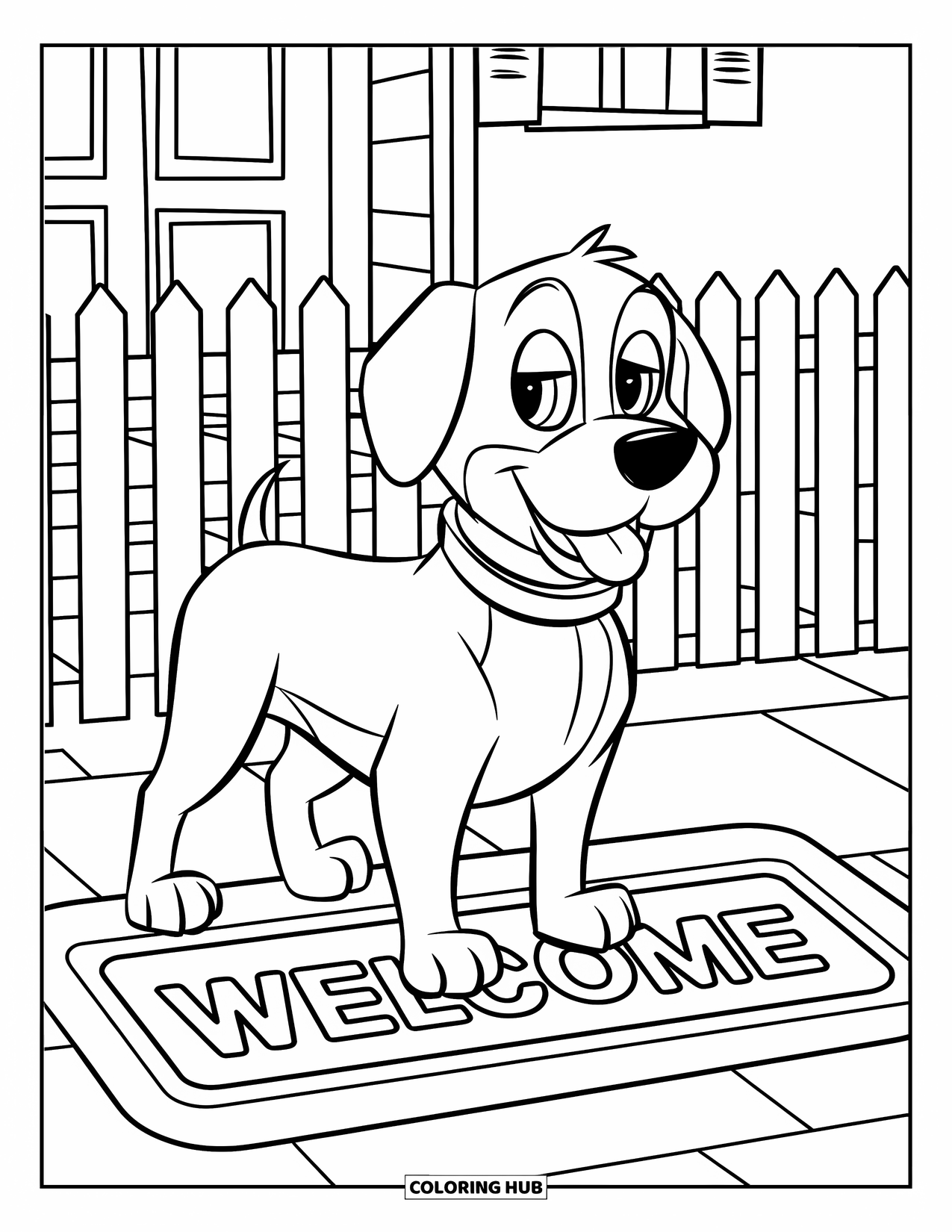 Wiener Dog Coloring Page for Kids: Wiener dog playfully standing on a welcome mat by the house