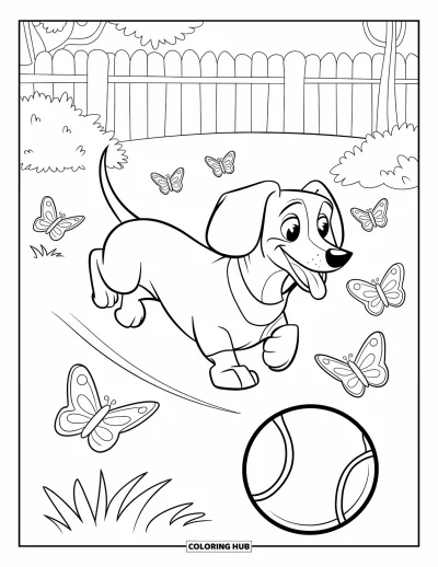 Wiener Dog Coloring Page for Kids: Wiener dog playing in the garden with butterflies and flowers