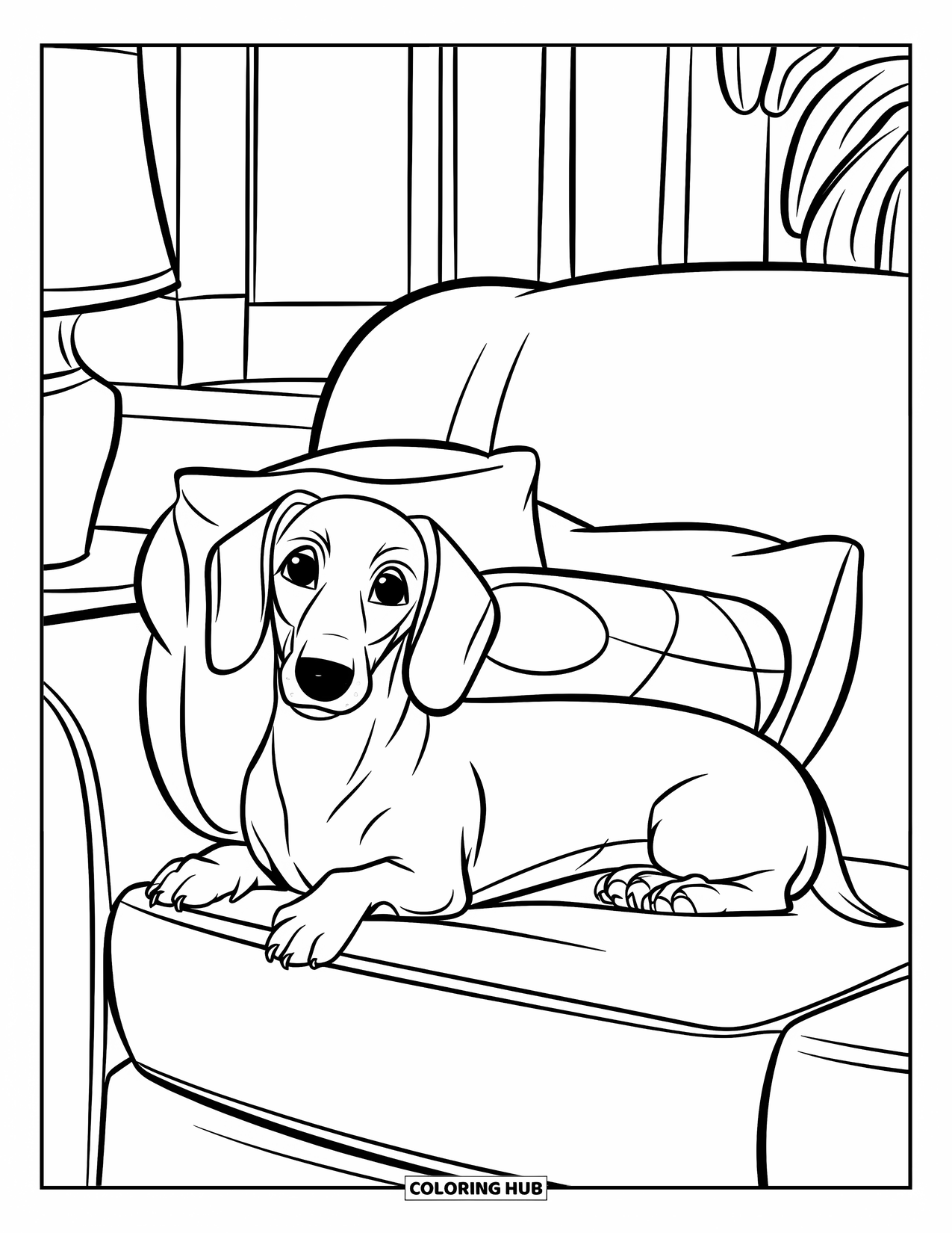 Wiener Dog Coloring Page for Kids: Wiener dog relaxing on a couch with pillows and a plant