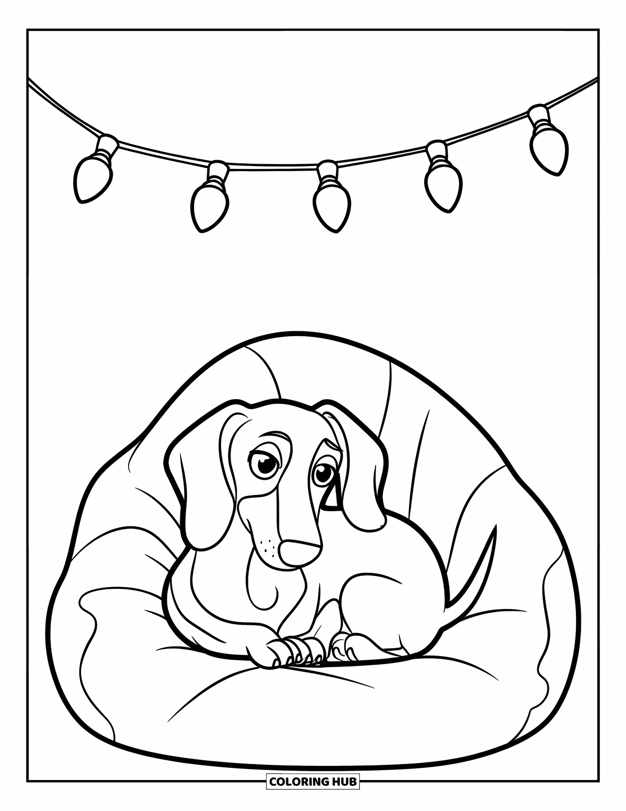 Wiener Dog Coloring Page for Kids: Wiener dog resting on a bean bag chair under hanging lights