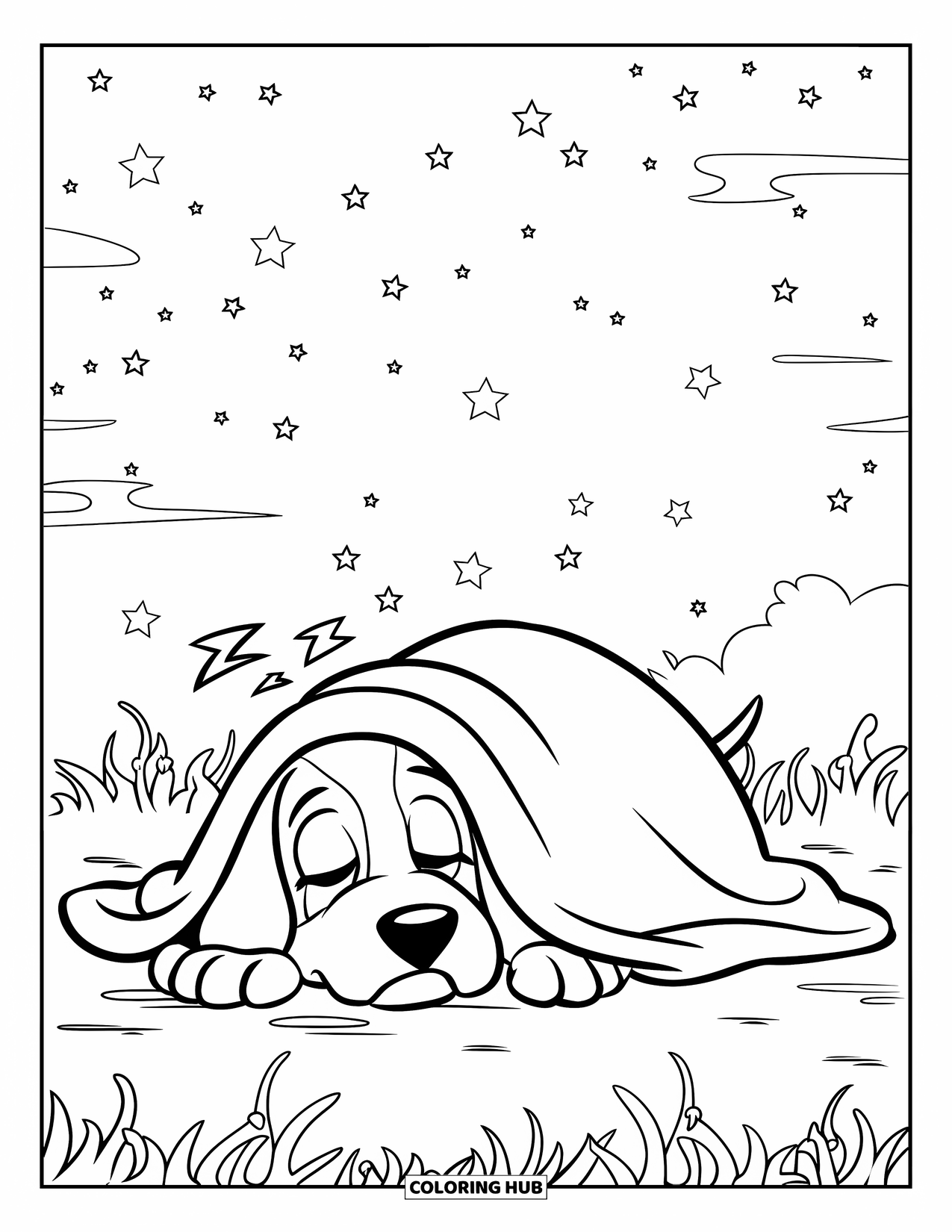 Wiener Dog Coloring Page for Kids: Wiener dog resting under a starry blanket on the grass
