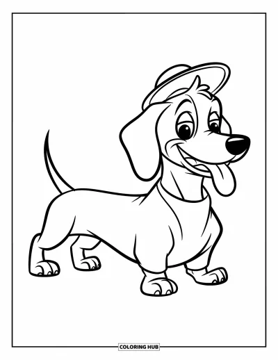 Wiener Dog Coloring Page for Kids: Wiener dog standing tall with tongue out and tail up