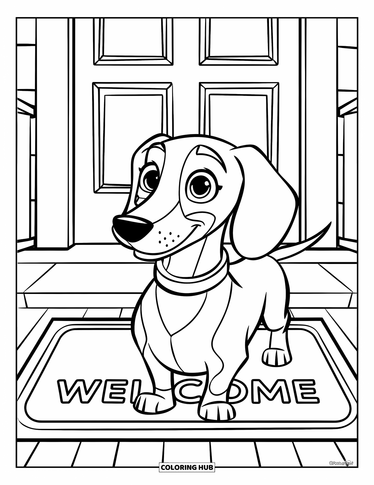 Wiener Dog Coloring Page for Kids: Wiener dog with a friendly smile standing on a welcome mat