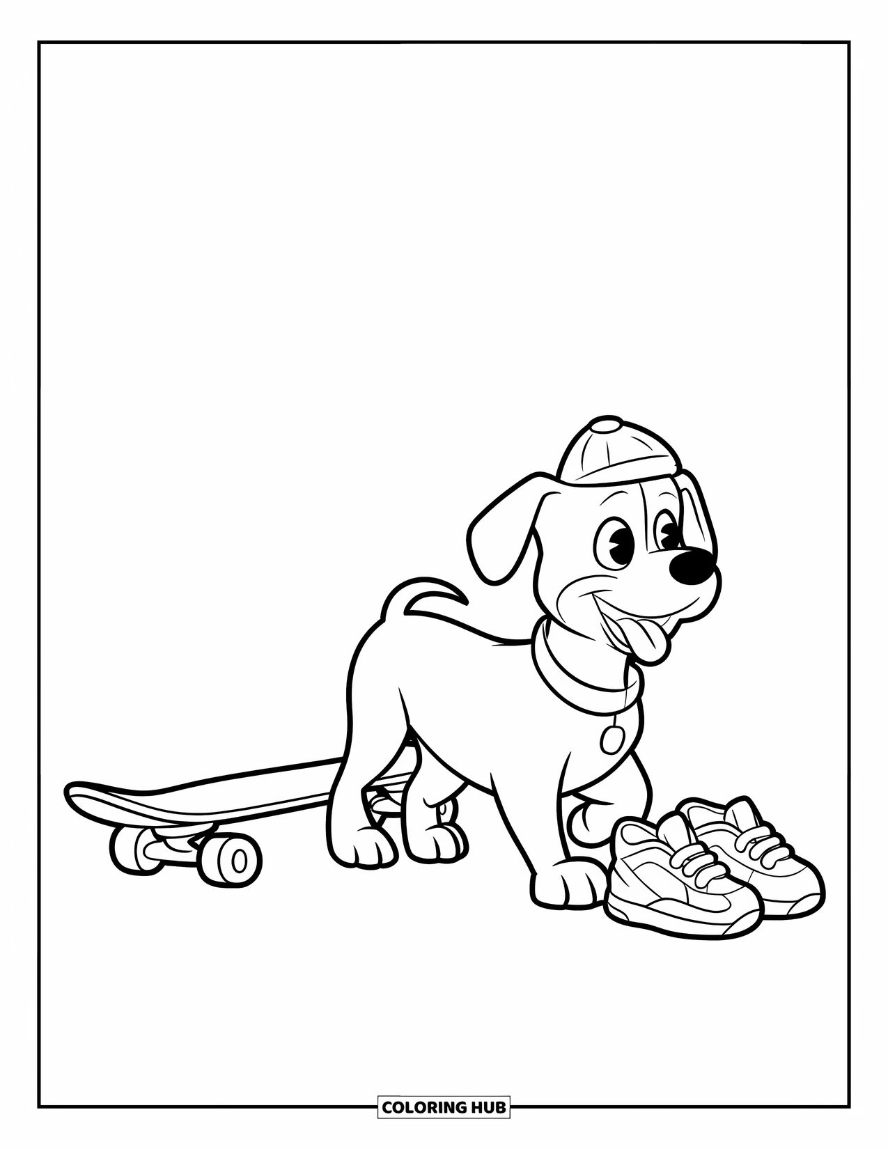 Wiener Dog Coloring Page for Kids: Wiener dog with a tiny hat beside sneakers and skateboard