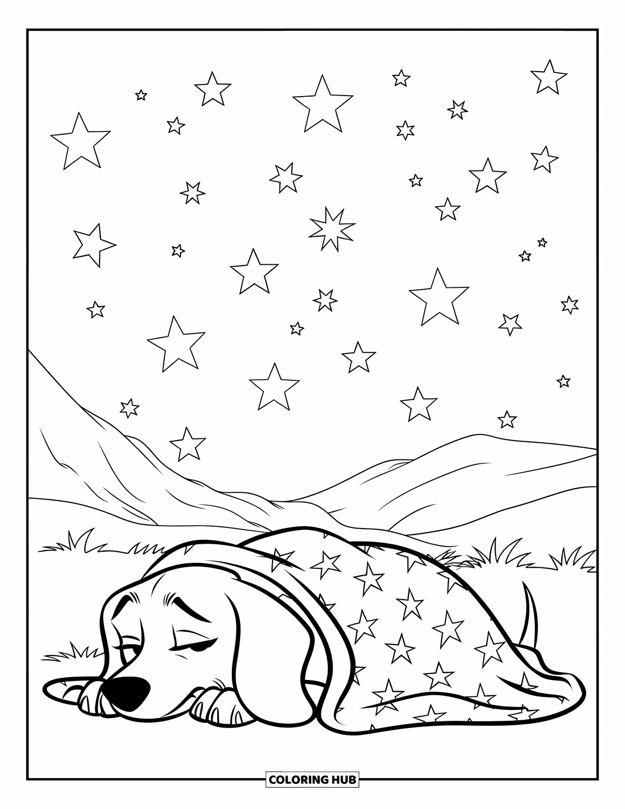 Wiener Dog Coloring Page for Kids: Wiener dog wrapped in a blanket sleeping under a sky full of stars