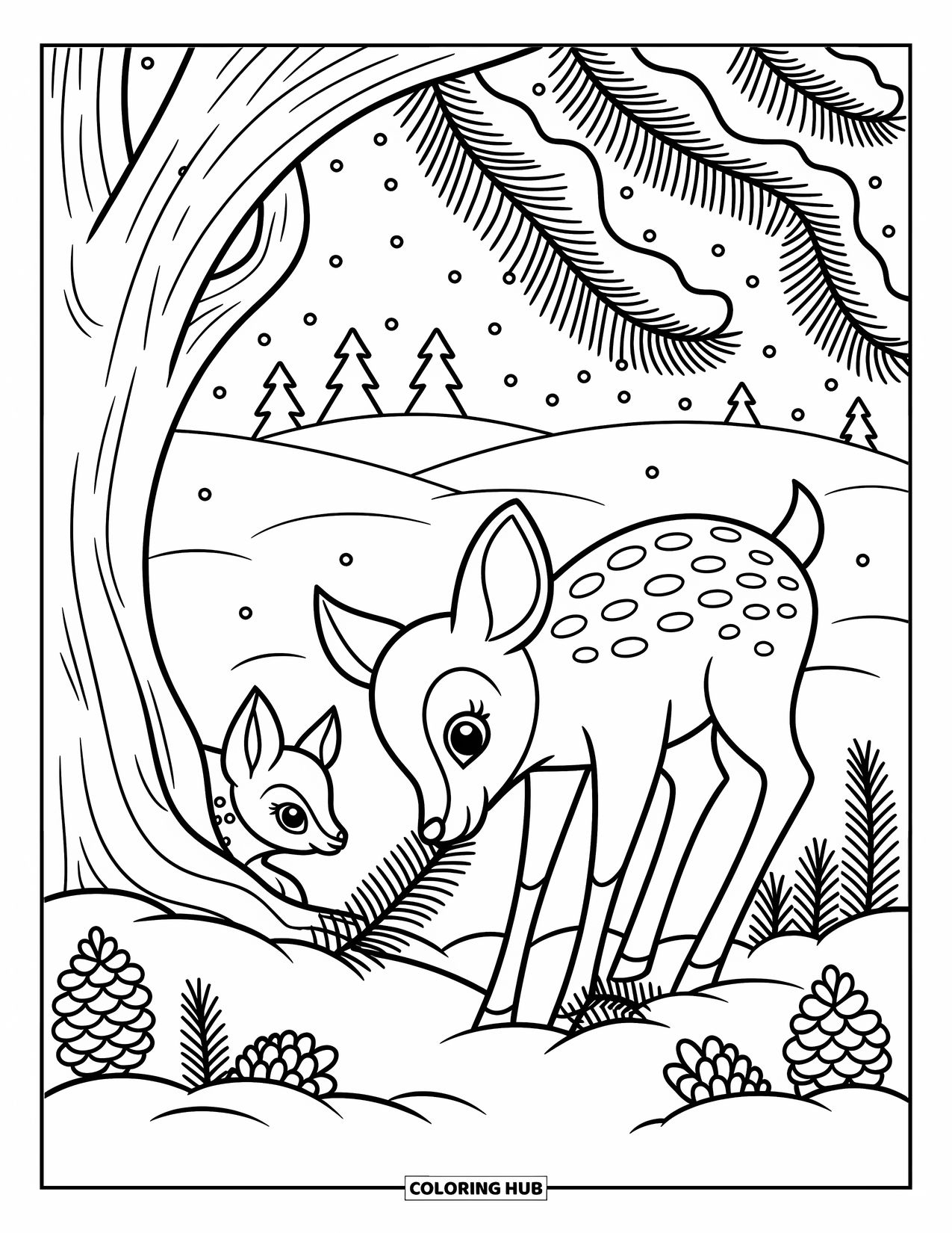 Winter Animal Coloring Page for Adults: A fawn hides playfully while a deer grazes under a snowy forest canopy