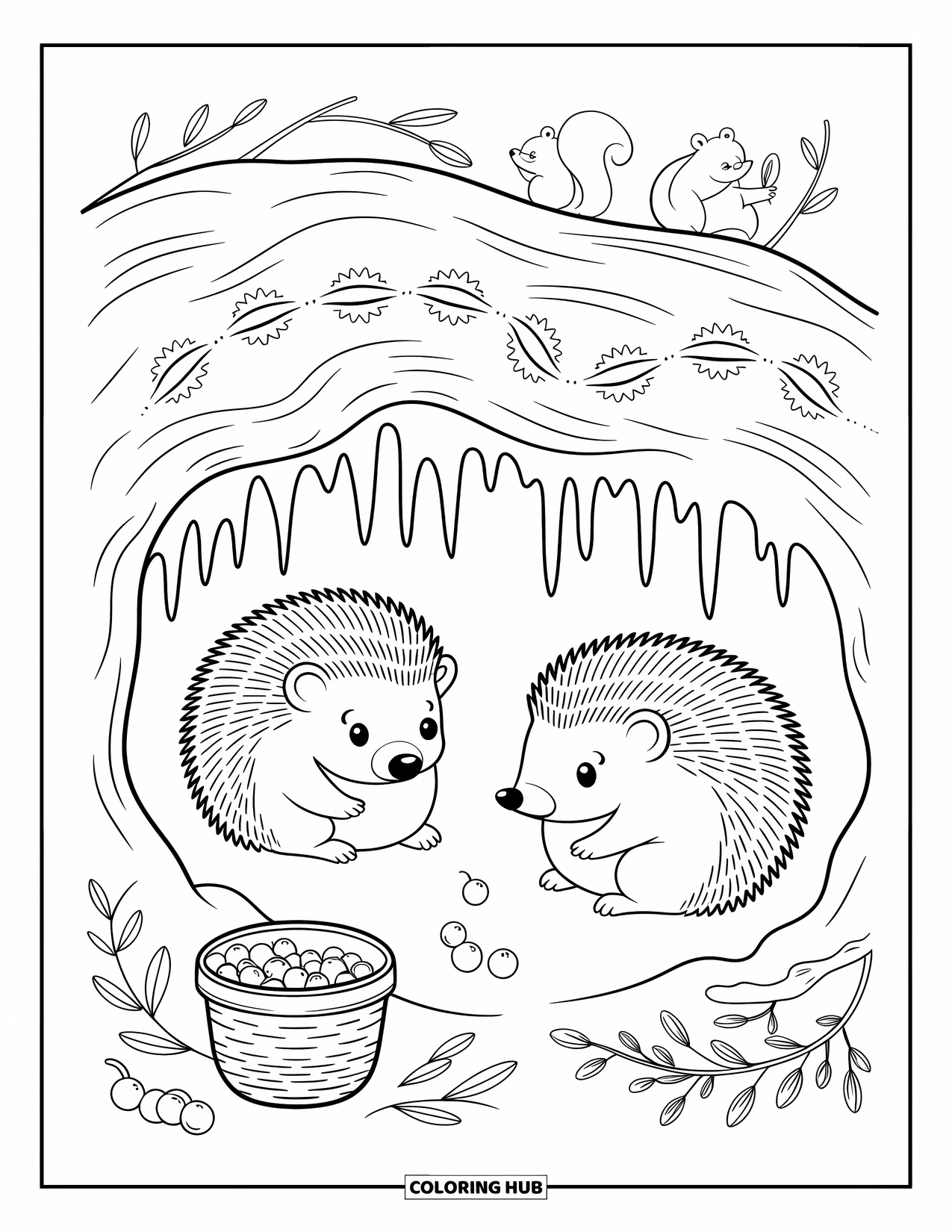 Winter Animal Coloring Page for Adults: A hedgehog peeks from a snow burrow while another rests beside a berry basket