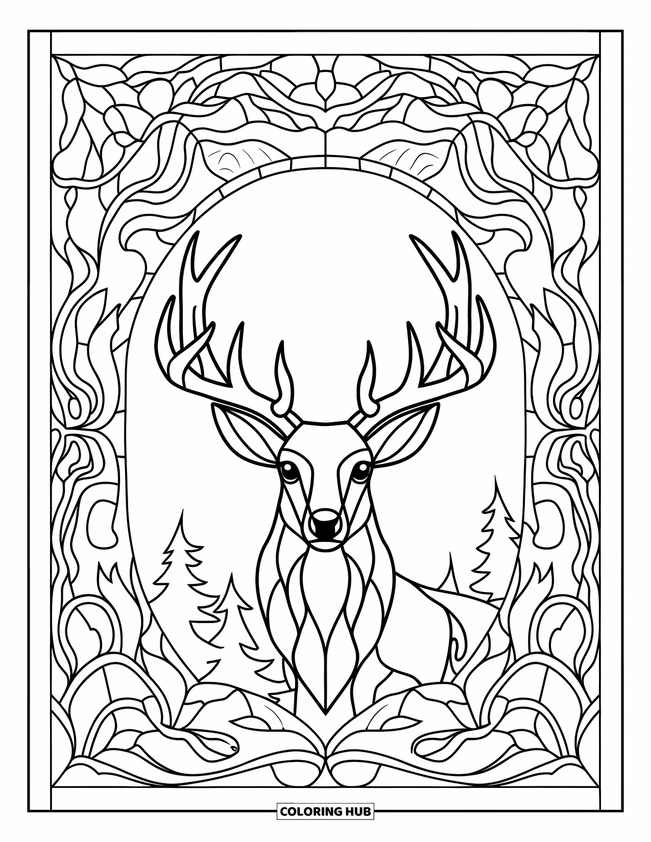 Winter Animal Coloring Page for Adults: Deer with long antlers stands inside a stained glass forest of icy vines