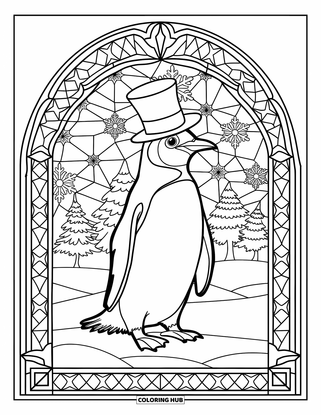Winter Animal Coloring Page for Adults: Penguin in top hat stands inside a stained glass frame of trees and snowflakes