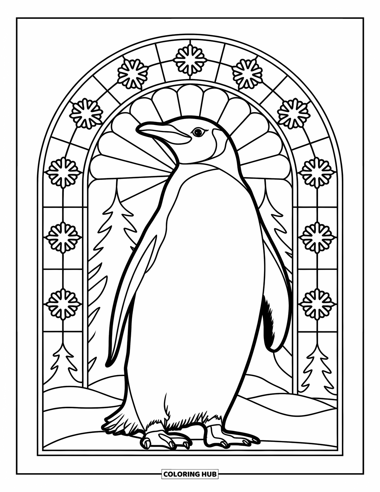 Winter Animal Coloring Page for Adults: Penguin stands tall in a stained glass winter scene of snowflakes and trees