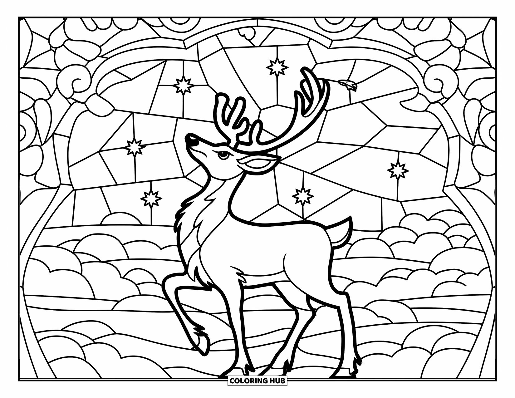 Winter Animal Coloring Page for Adults: Reindeer glows beneath swirling stars and clouds in a stained glass winter sky
