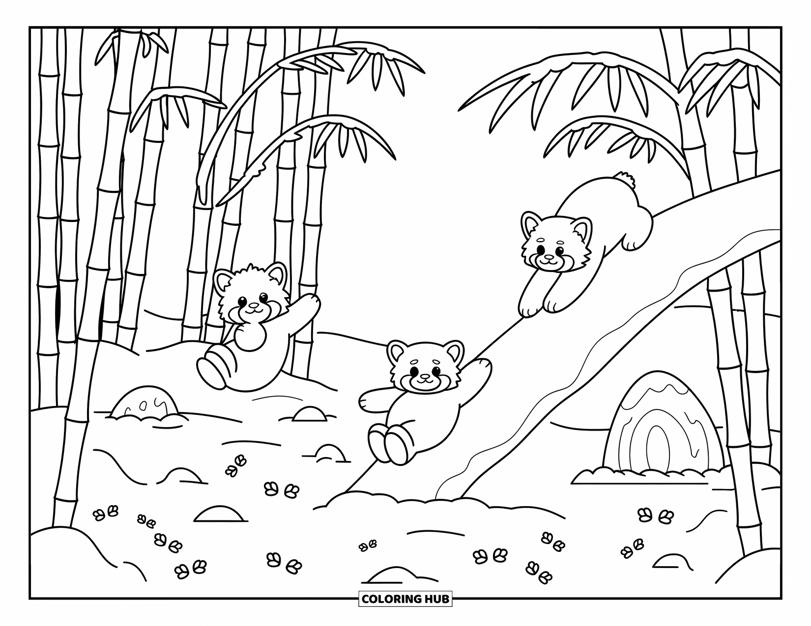 Winter Animal Coloring Page for Adults: Three playful red pandas explore a snowy bamboo forest full of tiny details