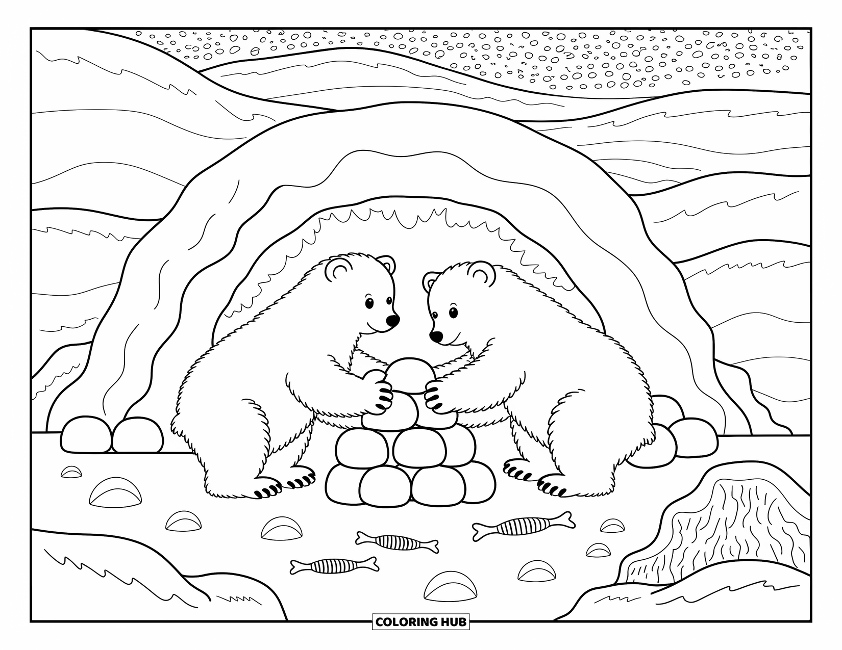 Winter Animal Coloring Page for Adults: Two playful bears build a snow dome surrounded by snowy piles and tiny fish bones