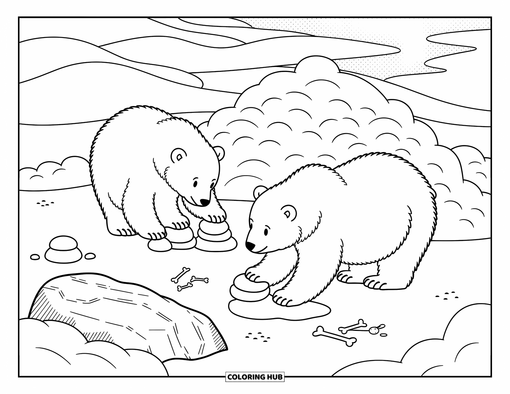 Winter Animal Coloring Page for Adults: Two polar bears build a cozy snow den together near a frozen lake