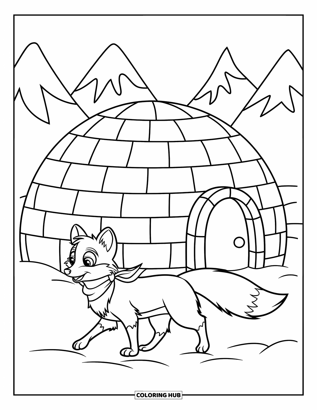 Winter Animal Coloring Page for Kids: Arctic fox in scarf walks beside a small igloo in the snow