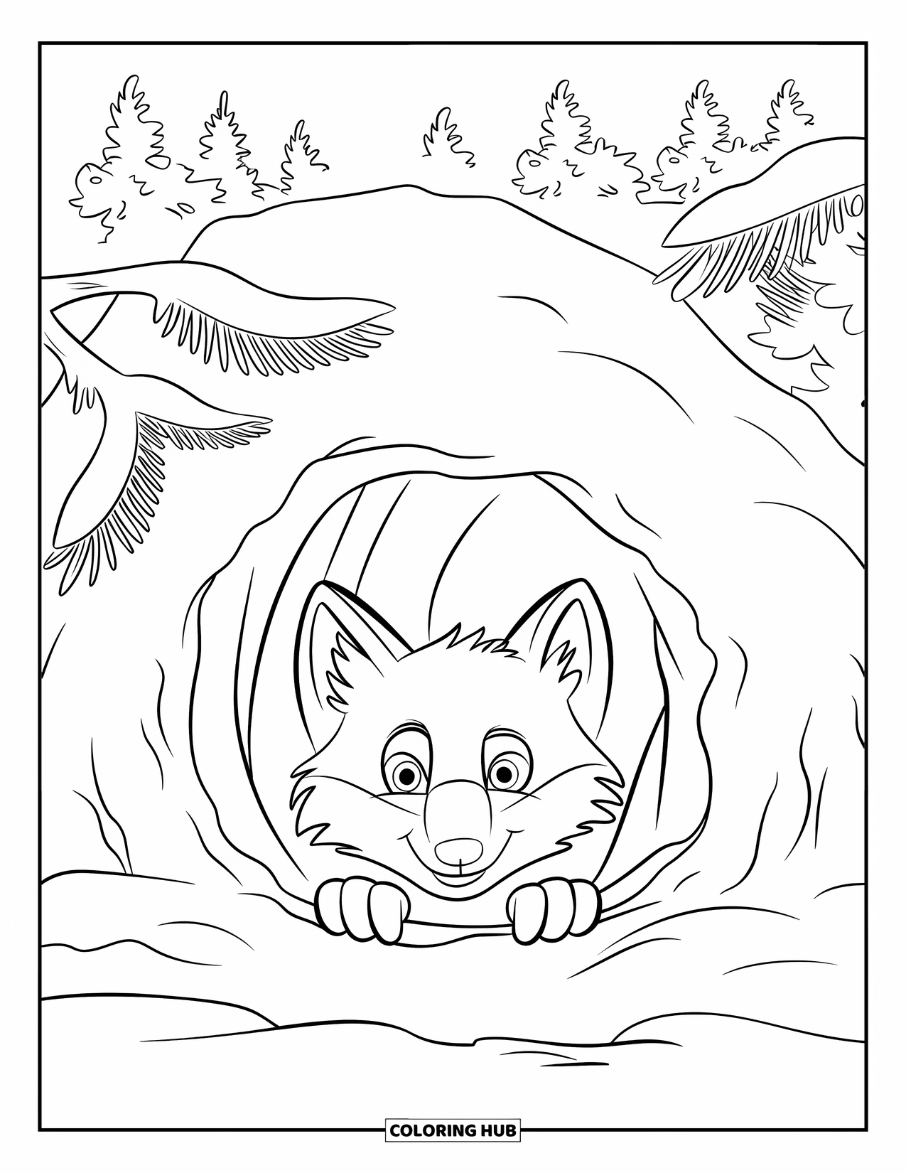 Winter Animal Coloring Page for Kids: Arctic fox peeks from snowy den under pine branches
