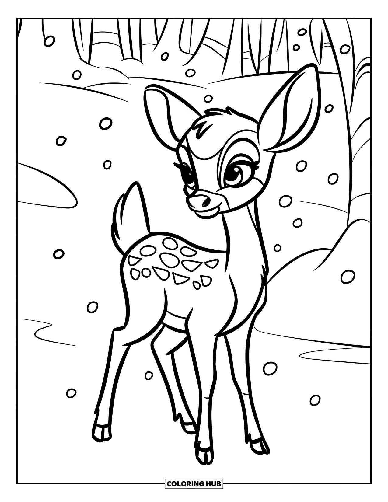 Winter Animal Coloring Page for Kids: Baby deer stands on snowy path while soft snow falls