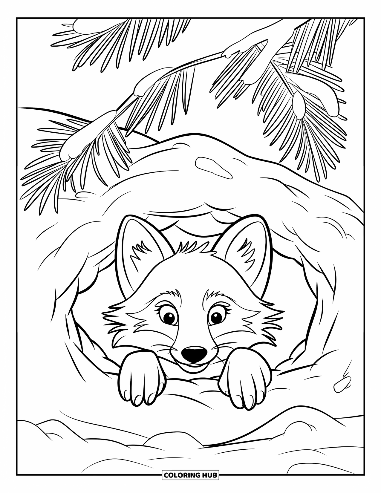 Winter Animal Coloring Page for Kids: Curious arctic fox looks out from snowy den beneath pine trees