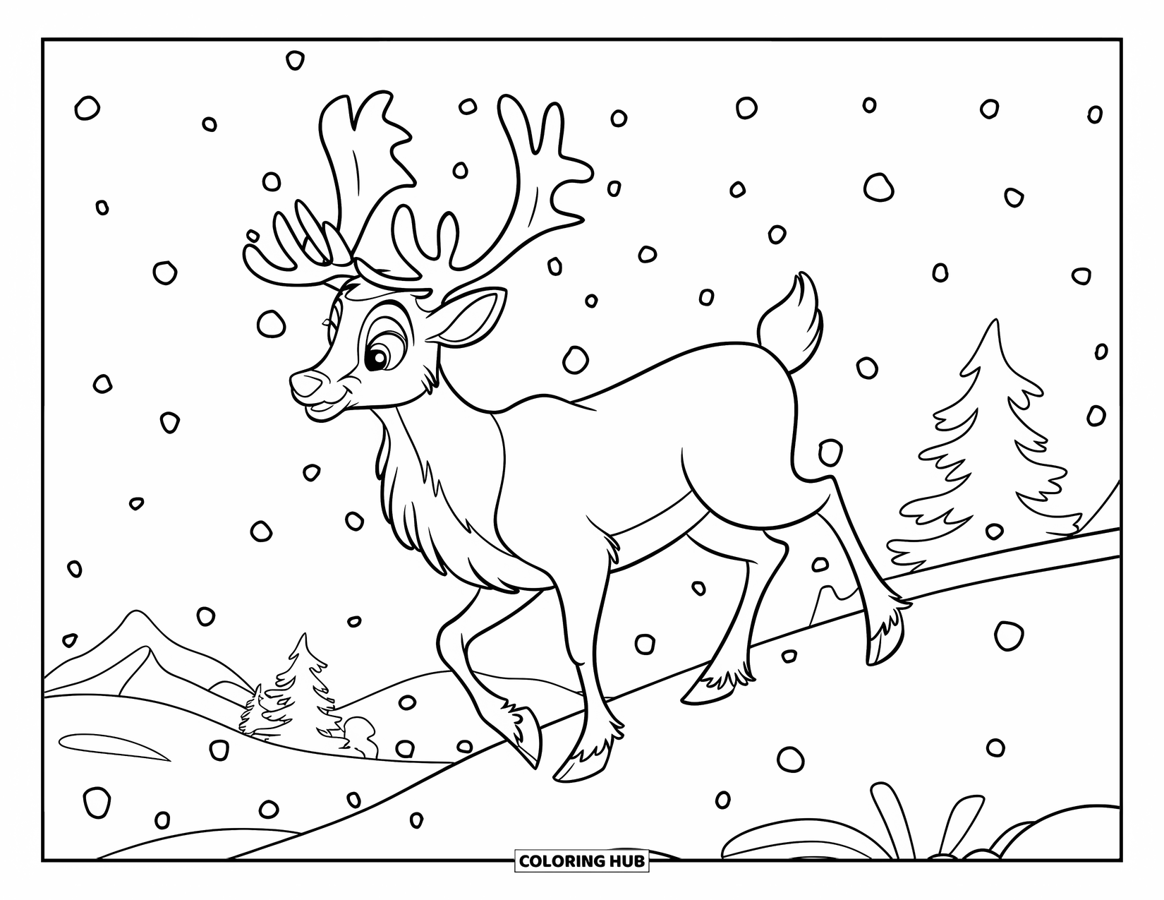 Winter Animal Coloring Page for Kids: Fluffy-tailed reindeer with a red nose walks uphill in a snowy pine forest