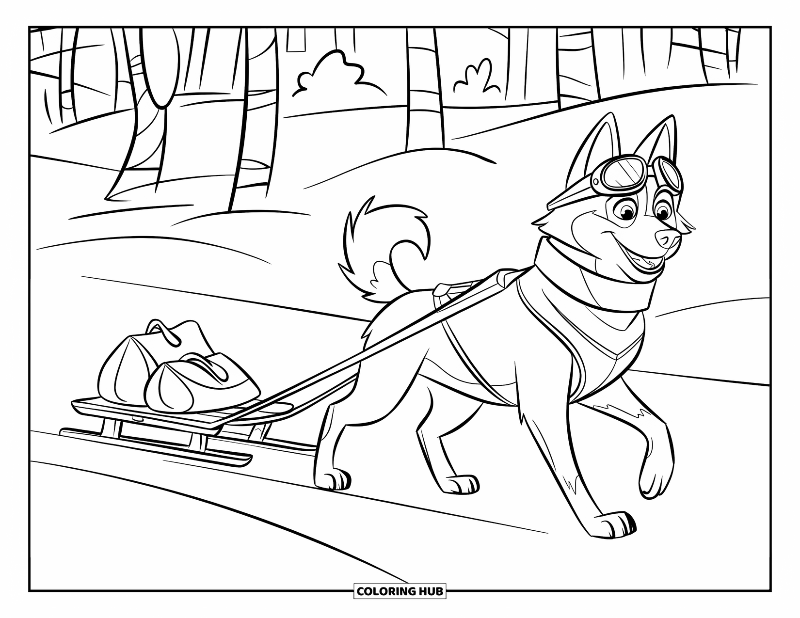 Winter Animal Coloring Page for Kids: Goggled husky pulls a sled filled with bags through snowy woods