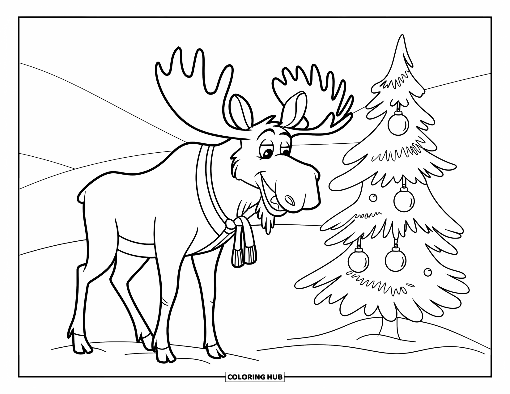 Winter Animal Coloring Page for Kids: Happy moose in sweater stands beside decorated winter tree on snowy hill