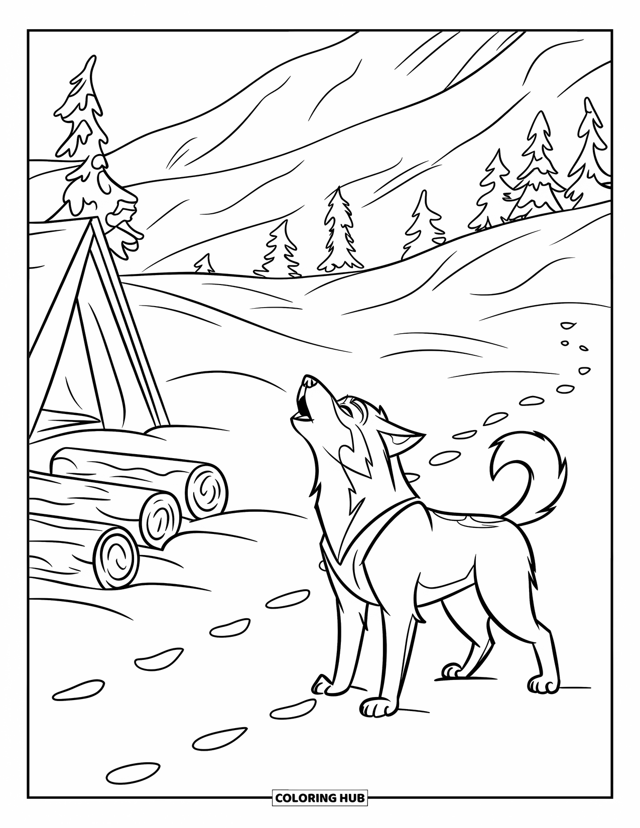 Winter Animal Coloring Page for Kids: Husky howls at a snowy campsite near trees and mountains