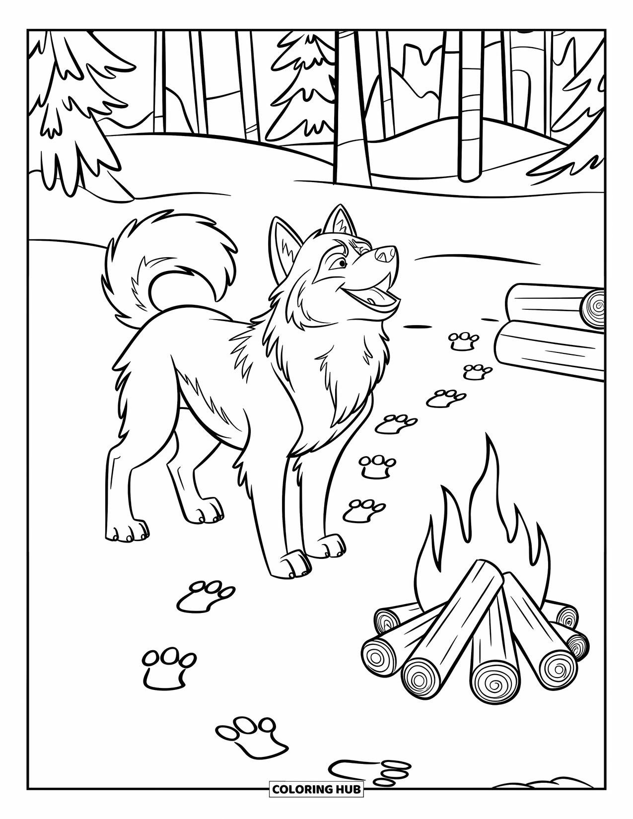 Winter Animal Coloring Page for Kids: Husky howls near a campfire surrounded by snowy trees and footprints