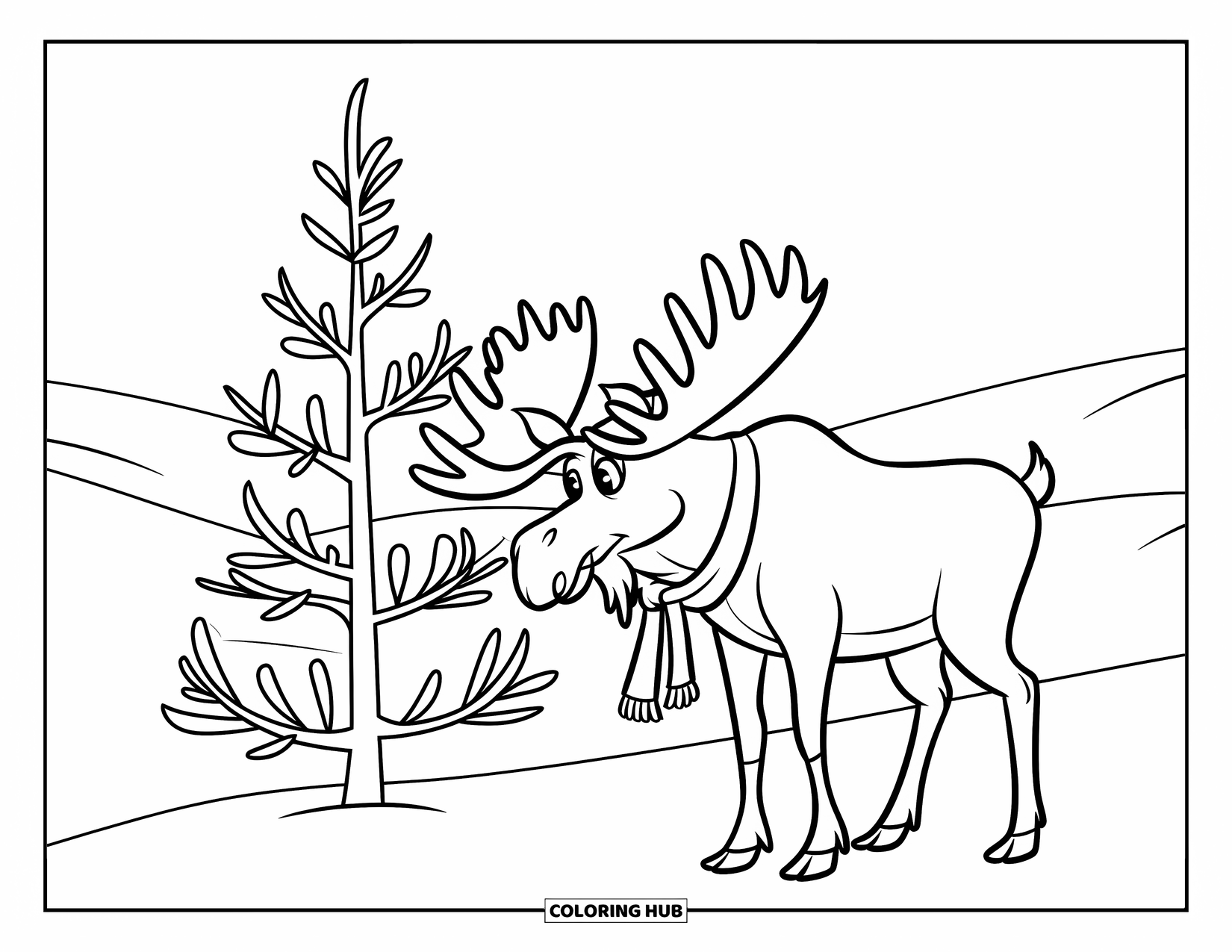 Winter Animal Coloring Page for Kids: Moose in scarf stands beside a winter tree with ornaments