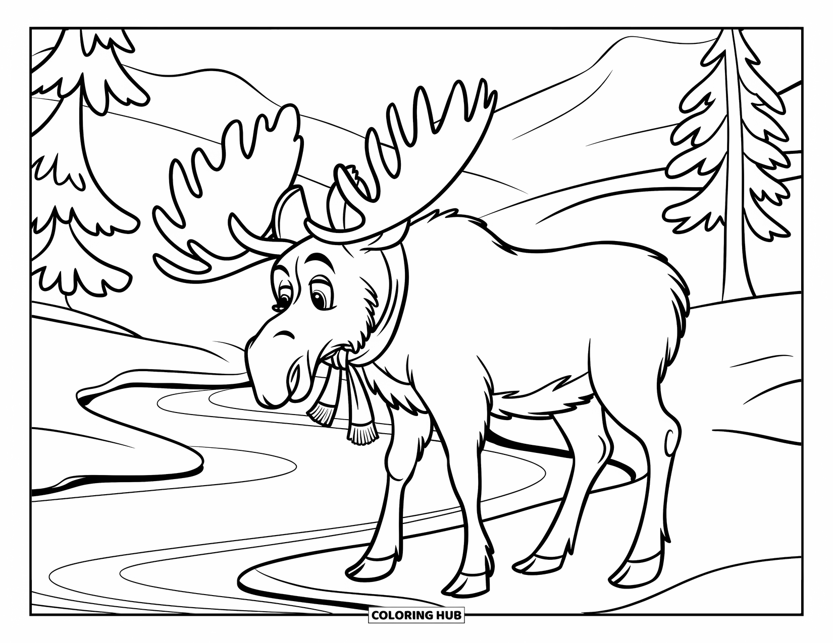 Winter Animal Coloring Page for Kids: Moose in scarf stands by a frozen stream in the snowy forest
