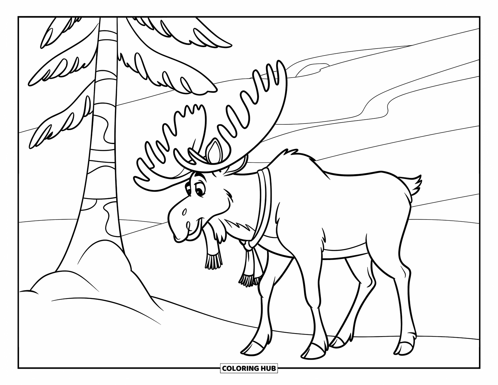 Winter Animal Coloring Page for Kids: Moose in scarf stands near snowy tree on a peaceful hillside