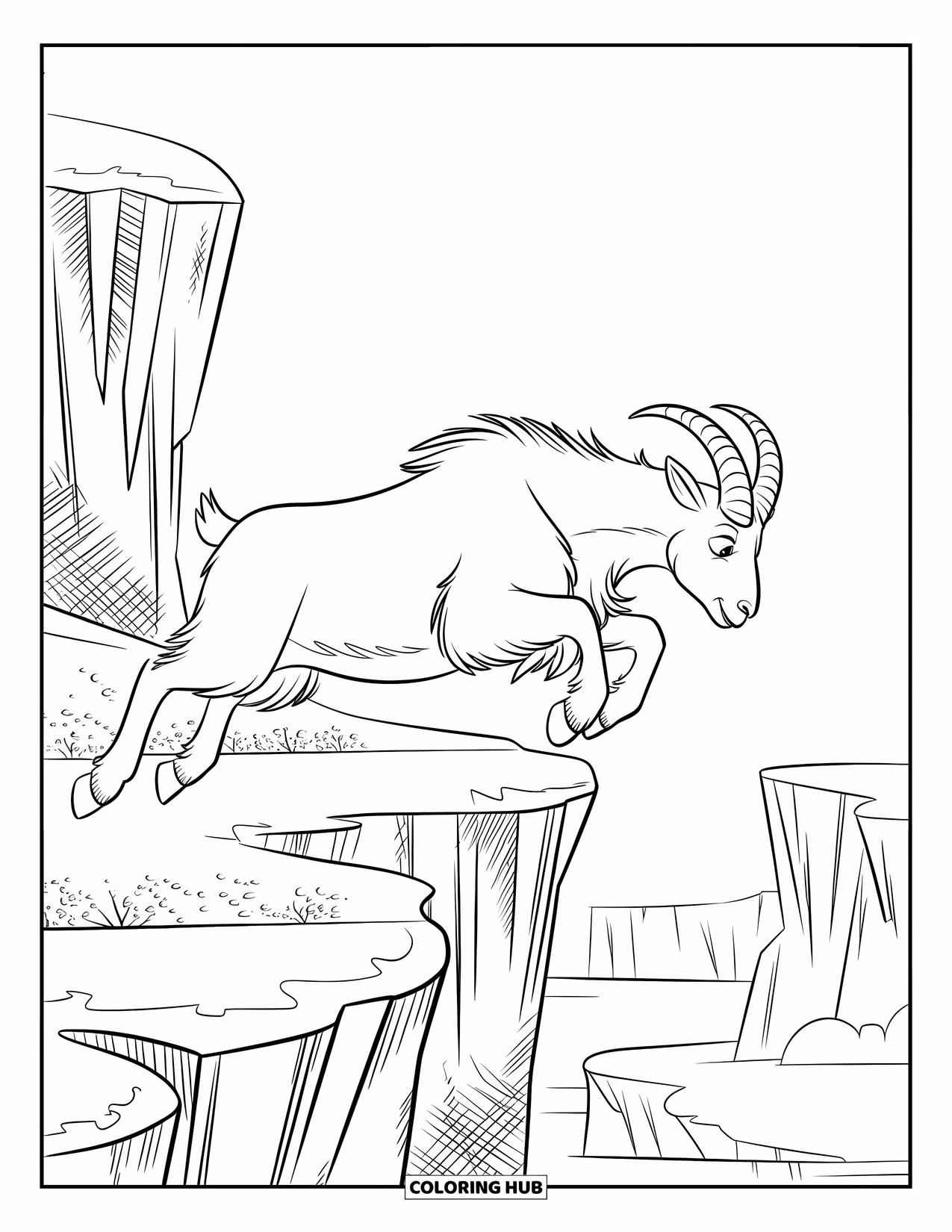 Winter Animal Coloring Page for Kids: Mountain goat jumps over snowy cliffs beside a wintry lake