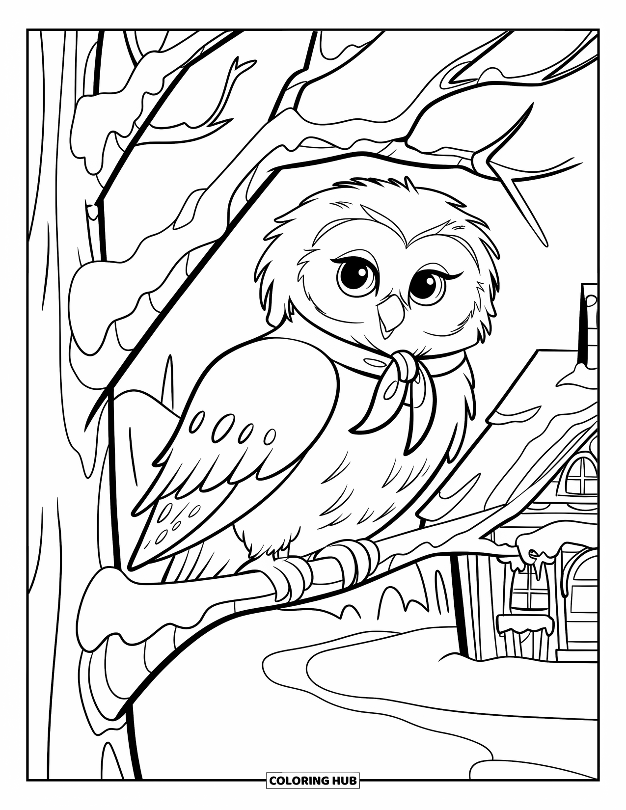 Winter Animal Coloring Page for Kids: Owl in scarf perches on frosty tree near a snowy cottage
