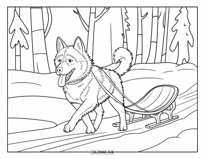 Fargeleggingsark med vinterdyr for barn: Pusteventende husky trekker en tresjæl gjennom snødekt skog