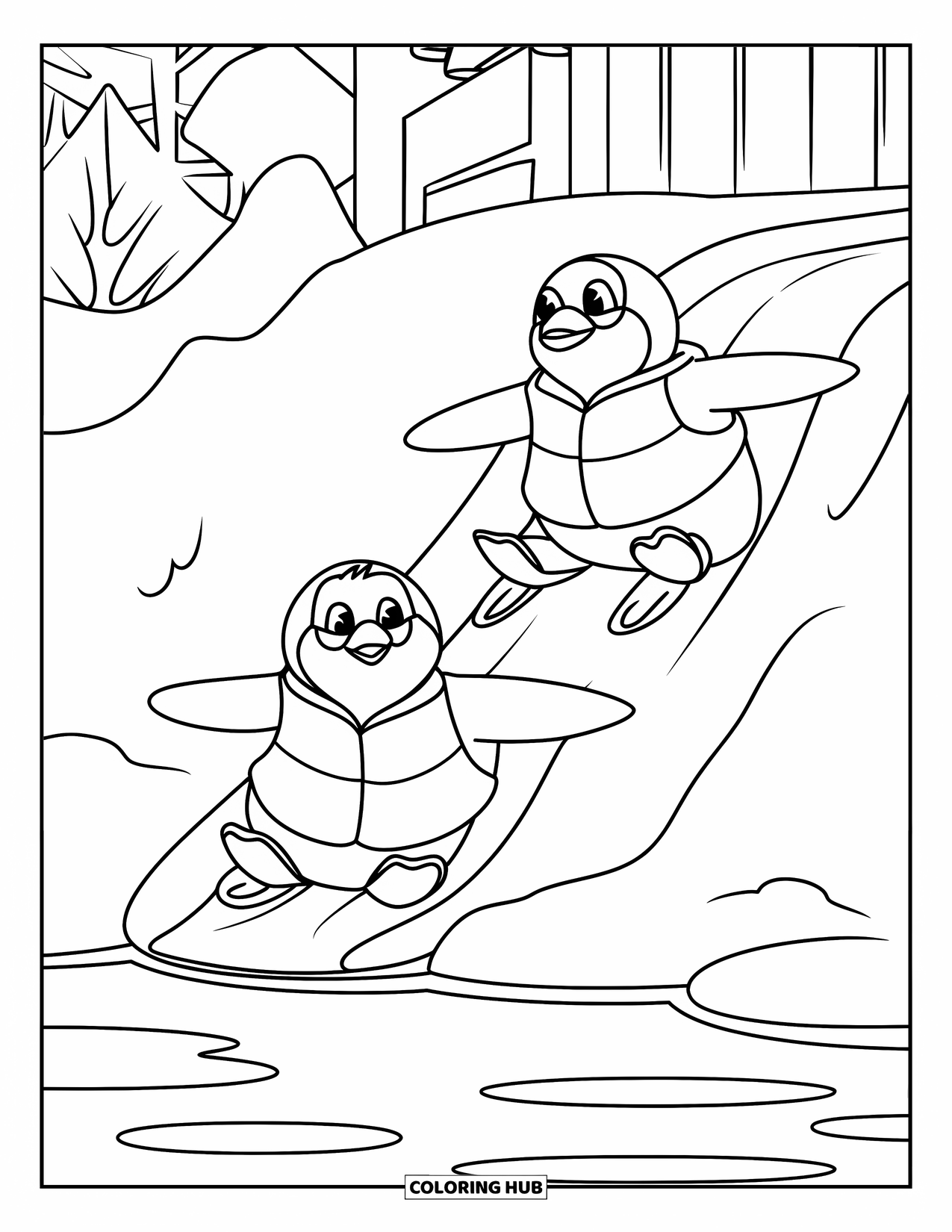 Winter Animal Coloring Page for Kids: Penguins in life jackets slide down snow hill near trees and a pond