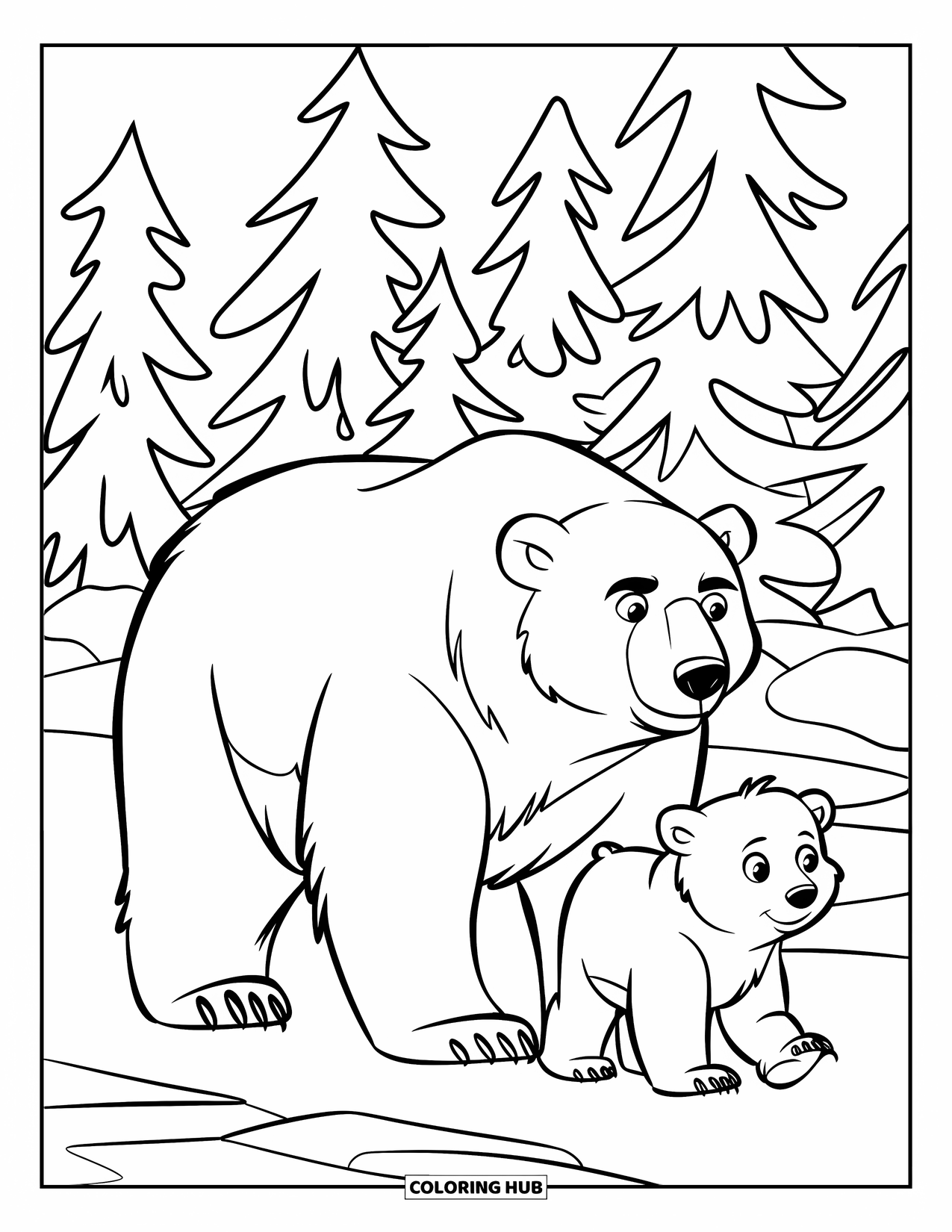 Winter Animal Coloring Page for Kids: Polar bear and cub walk through a snowy pine forest
