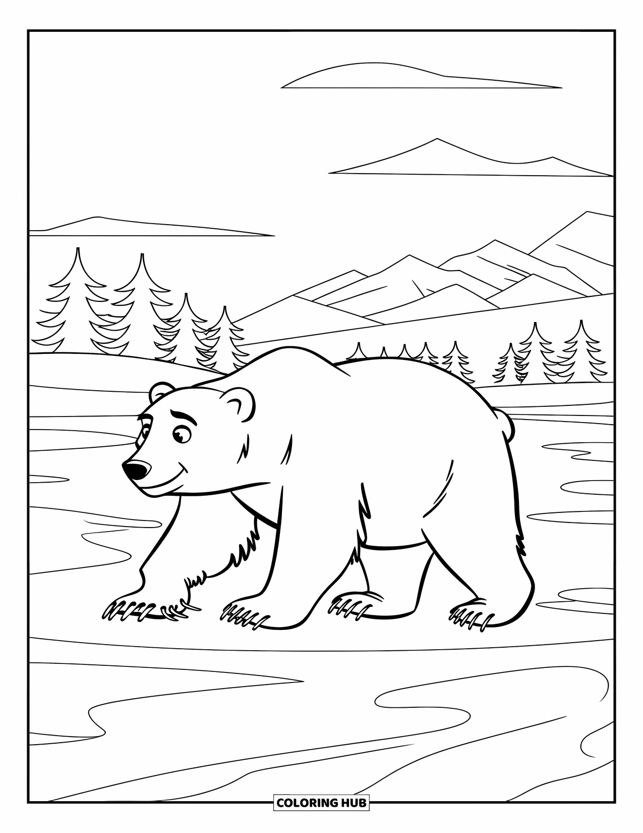 Winter Animal Coloring Page for Kids: Polar bear crosses icy lake with snowy trees and clouds behind