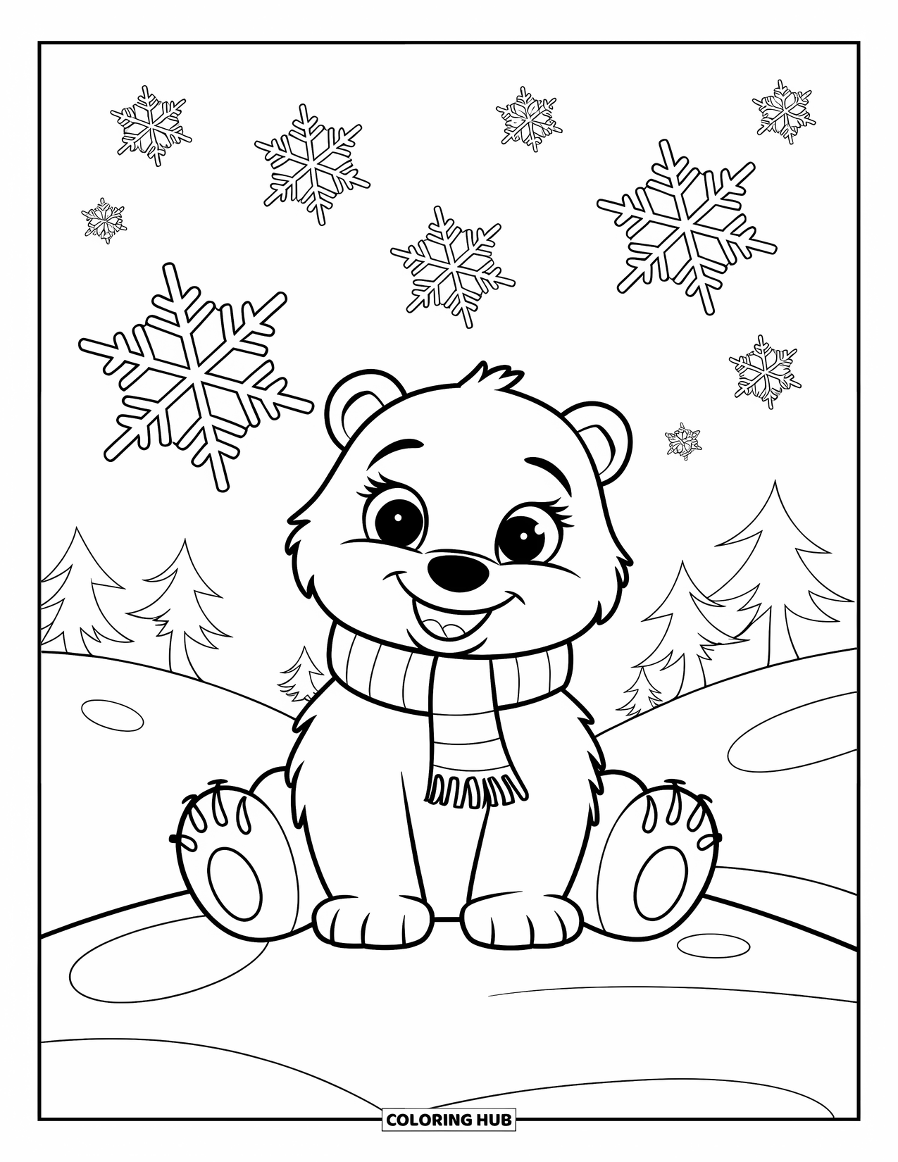 Winter Animal Coloring Page for Kids: Polar bear in red scarf sits on hill with snow falling gently