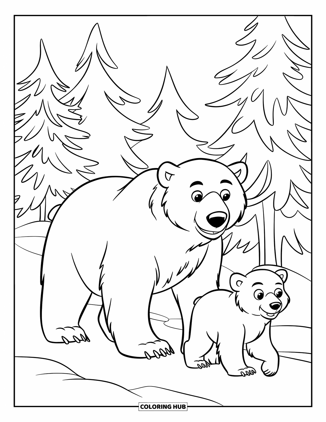Winter Animal Coloring Page for Kids: Polar bear uses walking stick while cub follows through the pine forest