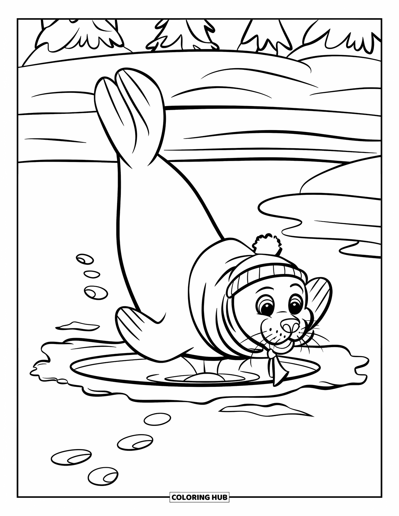 Winter Animal Coloring Page for Kids: Seal in scarf and hat dives into ice near snowy trees